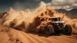 A powerful off-road vehicle kicks up a massive cloud of dust while racing across a desert dune.