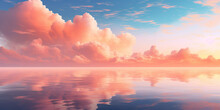A Banner With A Beautiful Peach Fuzz Orange And Yellow Color Clouds Above A Blue Smooth Reflecting Ocean. Sea And Nature Beauty. Copy Space