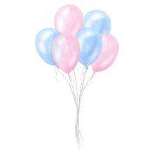 Blue Pink Balloons Twins Boy Girl Kids Birthday Surprise. Gender Reveal Party, Baby Shower. Hand Drawn Watercolor Illustration Isolated On White Background.