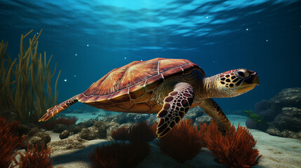 Wall Mural - A turtle diving back to the reef Sea turtle Green turtle diving back into clear waters generative ai