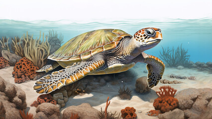 Wall Mural - A turtle diving back to the reef Sea turtle Green turtle diving back into clear waters generative ai