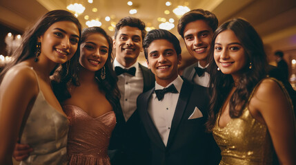 A young and happy group wearing evening wear elegantly at a party