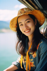 portrait headshot of a young asian/korean/japanese woman with long dark hair traveling in nature vacation lake summer blue sky portra magazine editorial film look