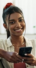 Aufkleber - woman, face and phone with smile for typing, communication or text message on sofa in living room. i