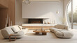 Modern minimalist living room with oblong beige sofas and indoor fire