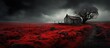 The eerie scene showcases a desolate, weather-beaten house with red plants adding a striking contrast to the gloomy sky.