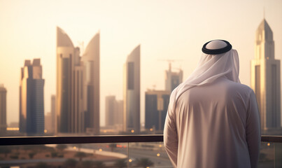 Wall Mural - An middle eastern arabian business person looking out over a modern city skyline