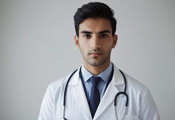 Portrait of confident young medical doctor on white background.