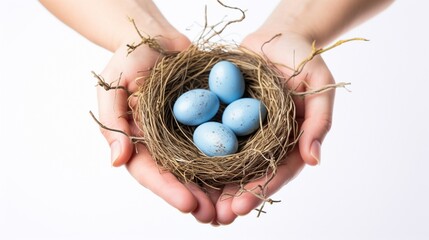 Young woman holding blackbird nest with three blue bird eggs in it isolated over white background, concept of protect, spring, with copy space.