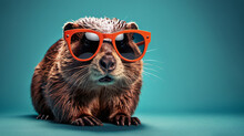 Porcupine With Stylish Red Sunglasses On A Vibrant Blue Background