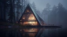 Triangular Modern Lake House In A Misty Forest At Night In Winter Scene