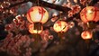 Traditional red lanterns decorate cherry blossom tree at dusk. Cultural celebration.