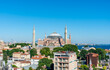 View of Hagia Sophia and Minarets from Hotel's Rooftop 360 View of the City Restaurant in Istanbul, Turkey.