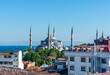 View of Blue Mosque and Minarets from Hotel's Rooftop 360 View of the City Restaurant in Istanbul, Turkey.