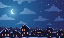 Vector Illustration. Night Town Village In Snow Houses And Moon Among Clouds