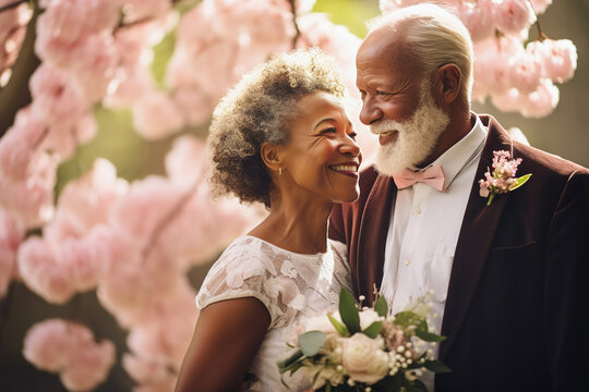 Multiracial senior bride and groom, spring wedding, outdoor portrait