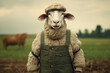 Sheep dressed as a farmer on a field