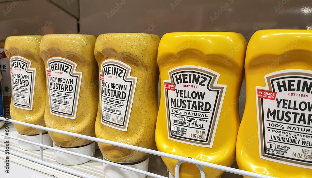 Mustard Rows Jakarta, Indonesia - October 22, 2023: Heinz yellow mustard rows neatly ...