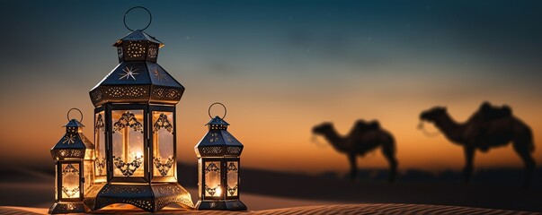 Wall Mural - Lantern in the desert at night with camel, ramadan kareem banner background concept