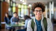 Young latin student man smiling with glasses
