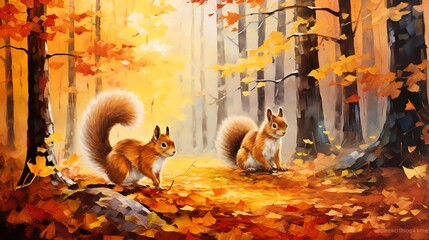 Wall Mural - painting of whimsical squirrels gathering acorns and playing among the foliage in autumn forest