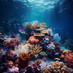 Wall Mural - Underwater scene with diverse marine life and colorful coral reefs.