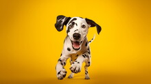Happy And Playful Dalmatian Dog Playing On A Yellow Background. Studio Close-up Dynamic Photo Of A Dalmatian Puppy With Opened Mouth On A Plain Background