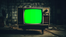 An Old TV Set In A Old Scary Room With Green Screen, Compositing, Chroma Key