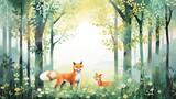 Fototapeta Dziecięca - painting of foxes exploring the ancient woodland