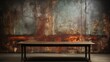 An elegantly designed antique table, set against a backdrop of a weathered and distressed metallic wall. The patina and textured surface of the table add to the vintage charm, interiors and design