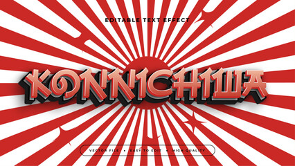 Poster - Konnichiwa white and red 3d editable text effect - font style. Japan japanese text effect