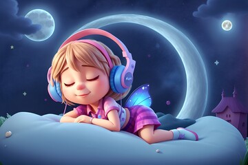 Wall Mural -  cute lullaby cartoon sleeping on moon background