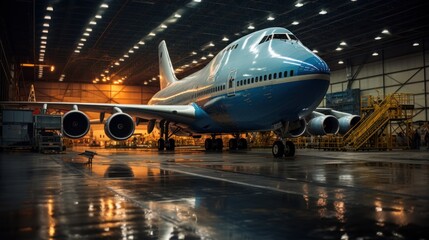 Fototapete - Large aircraft in aircraft maintenance hangar