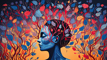 Creative Illustration Of A Woman With Colorful Leaves Flying Away From Her Head. Creativity Concept.