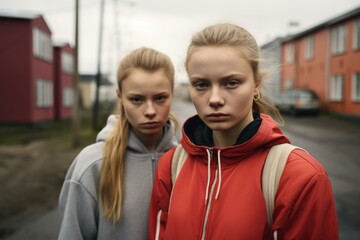 Canvas Print - Two young women standing in front of a building. Generative AI.