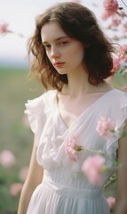 Canvas Print - A young woman in a white dress standing in front of pink flowers. Generative AI.