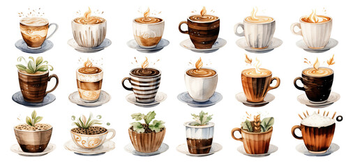 Wall Mural - Coffee cup set. Hand drawn watercolor illustration on white background