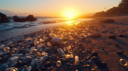 Plastic bottles and waste washed up on the beach