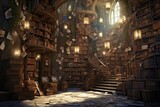 Fototapeta Londyn - Magic library in fairy tales, ancient library, dreamy and imaginative library