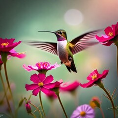 Wall Mural - hummingbird and flowers