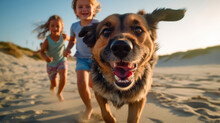 A Happy Dog Running On The Beach With Happy Children