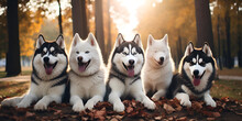 Siberian Huskies Dogs, Siberian Husky taking a selfie with other dogs on an isolated background, Many husky and malamute dogs wait for sleddog racing in a verdant wooded setting  generative ai

