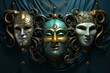 Theatrical masks on stage / digital artwork. Generative AI