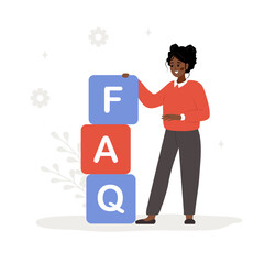 Wall Mural - frequently asked questions concept. african woman with large cubes with letters faq. customer suppor