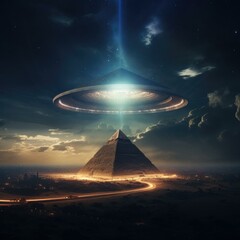 Wall Mural - ufo flying over the pyramids of giza. generative ai.