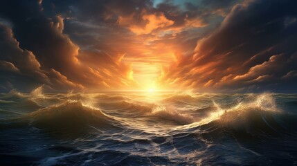 Wall Mural - the sun rising over the ocean with waves. generative ai.