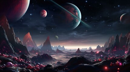 Wall Mural - an alien landscape with planets and rocks. generative ai.