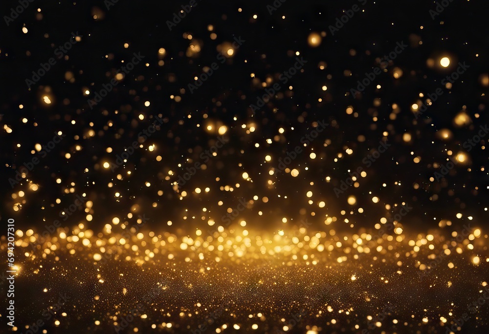 Golden particles in the rays of light on a black background for use ...