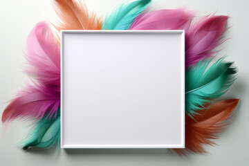 Wall Mural - illustration of a white blank frame for space copy text and colourful feather background