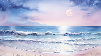 Poster - watercolor painting of a serene beach scene under the soft glow of moonlight